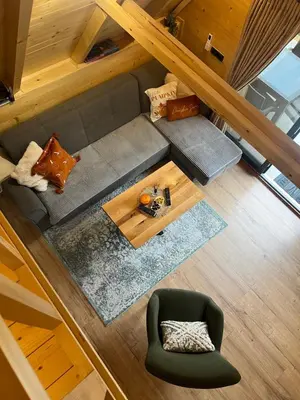 an overhead view of a living room with a couch and a table at Vila Jezero-Jajce in Jezero