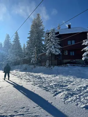 a person walking in the snow in front of a lodge at Whispering Pines in Šišava