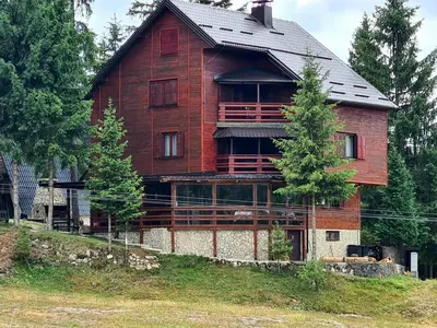 a large wooden house on top of a hill at Whispering Pines in Šišava