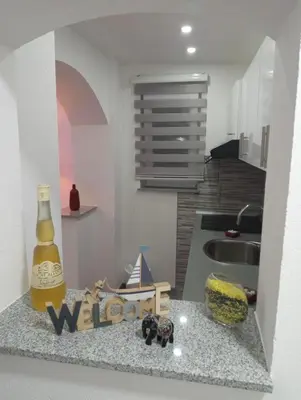 a kitchen with a bottle of wine on a counter at Apt Amor in Bihać