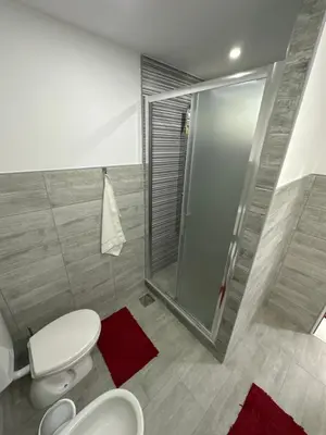 a bathroom with a toilet and a shower with red rugs at Apt Amor in Bihać