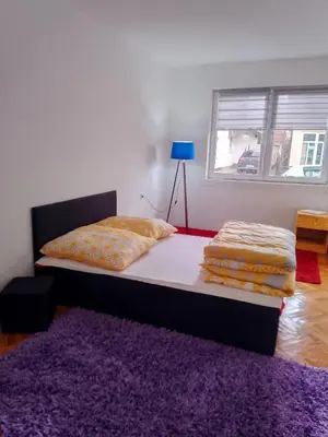 a bedroom with a bed and a purple rug at Apartmani Amina in Bihać