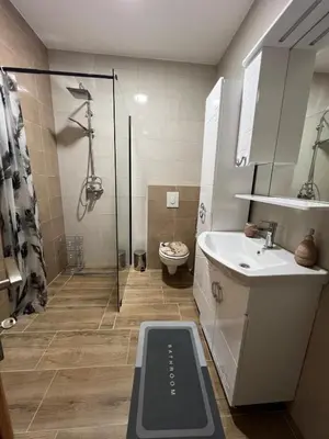 a bathroom with a shower and a sink and a toilet at Apartman Mrša in Livno