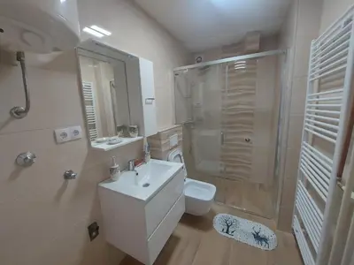 a bathroom with a sink and a shower and a toilet at Apartman Borik in Banja Luka