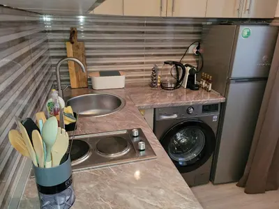 a kitchen with a sink and a washing machine at City Center Moku Apartman in Zenica