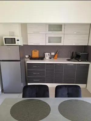 a kitchen with a refrigerator and a table and chairs at Apartman Bulevar Banjaluka in Banja Luka