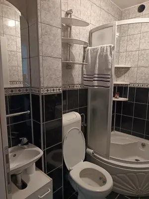 a bathroom with a toilet and a shower and a sink at City apartmant in Tuzla