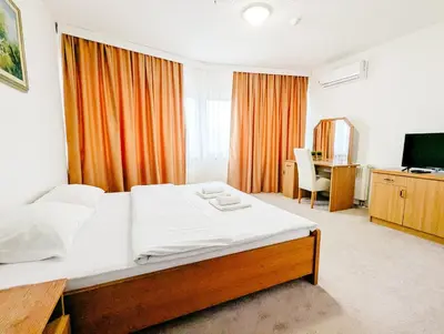a bedroom with a bed and a desk and a television at Motel Dačo in Stara Bila