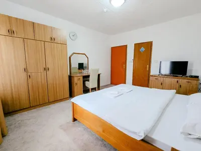 a bedroom with a bed and a desk and a television at Motel Dačo in Stara Bila