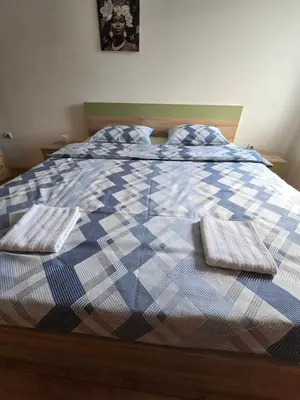 a blue and white bed with two pillows on it at Andjelka apartman in Modriča