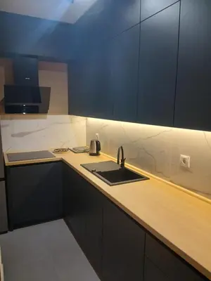 a kitchen with a sink and black cabinets at Palata Suite in Banja Luka