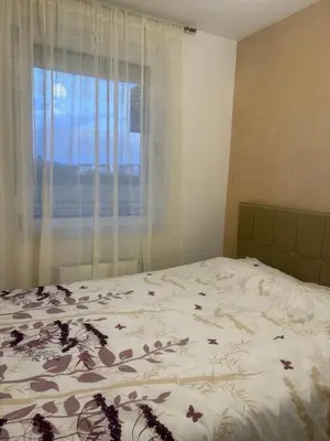 a bedroom with a bed and a window with curtains at Apartman ADA in Železnička Stanica Incel