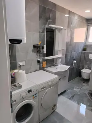 a bathroom with a washing machine and a sink at Apartman Zana in Visoko