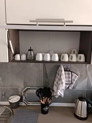 a kitchen with cups and utensils on a shelf at Apartman Zana in Visoko