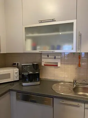 a kitchen with a counter with a sink and a microwave at Apartman Nasic in Bihać