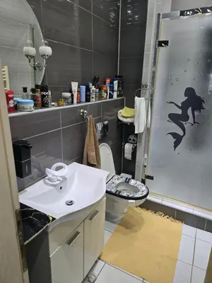 a bathroom with a shower with a mermaid on the door at KONAK kod ODISEJE in Tuzla