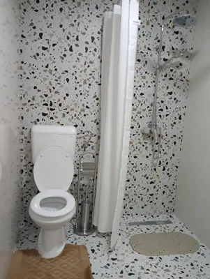 a bathroom with a toilet and a shower curtain at Vila Medo in Kulen Vakuf