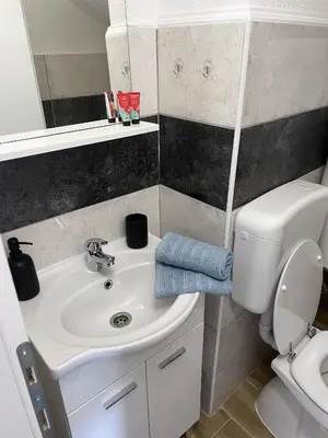 a bathroom with a white sink and a toilet at Stone House Ripac in Bihać