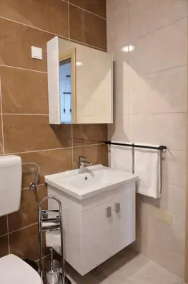 a bathroom with a white sink and a mirror at Muki Oaza Apartman in Tuzla