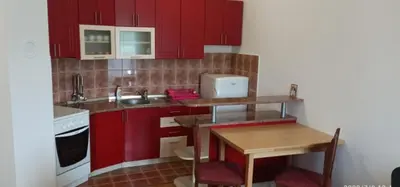 a kitchen with red cabinets and a table and a sink at Sofi in Rebrovac