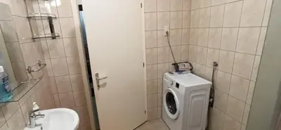 a bathroom with a washing machine and a sink at Sofi in Rebrovac