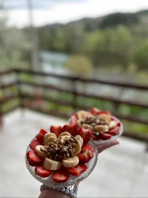 a person holding a plate of strawberries and nuts at Vikendica Krivaja sa bazenom i privatnom plažom in Zavidovići