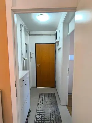 a hallway with a brown door and a rug at Esma 2 in Bihać