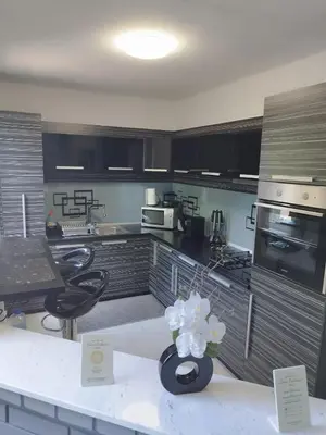 a kitchen with black cabinets and a vase of flowers on a counter at Lena Exclusive in Bihać
