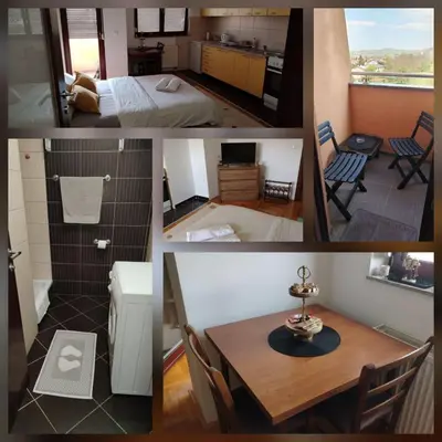 a collage of photos of a kitchen and a room at Studio D&N in Starčevica