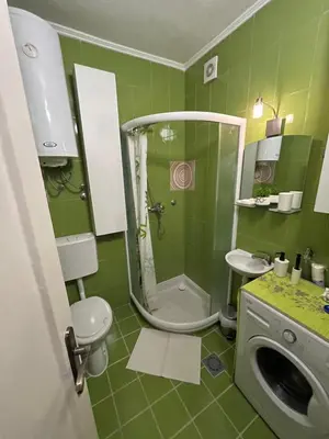 a green bathroom with a shower and a toilet at Dora Apartman in Banja Luka