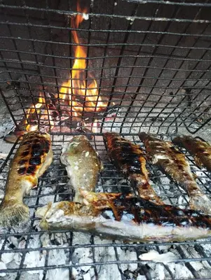 a bunch of food cooking on a grill at Apartman Iman in Bihać