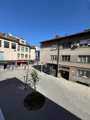 a small tree in a courtyard in front of buildings at Apartman 21 Lux in Banja Luka