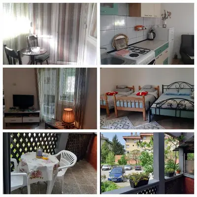 a collage of photos of a kitchen and a living room at Apartman NAFO in Bihać