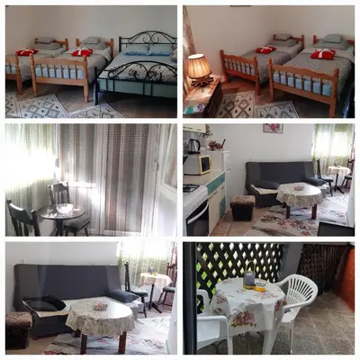 a collage of four pictures of a bedroom at Apartman NAFO in Bihać