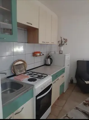 a small kitchen with a stove and a sink at Apartman NAFO in Bihać