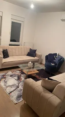 a living room with two couches and a rug at Stan Tešanj in Tešanj