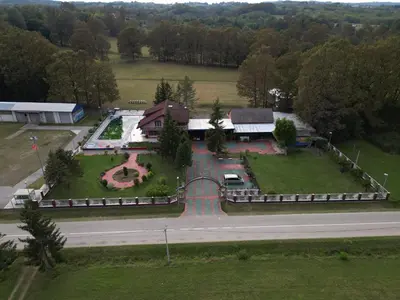 an aerial view of a building with a park at Camping Stevin ranc in Bosanska Dubica
