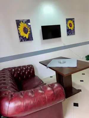 a leather couch sitting in a room with a table at Apartmani Orhideja za 2 osobe studio in Sanski most