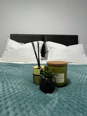 a bedroom with a bed with two potted plants on it at Max stan na dan Doboj in Doboj