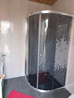 a shower with a glass door in a bathroom at Vikendica Ajlin in Spahići