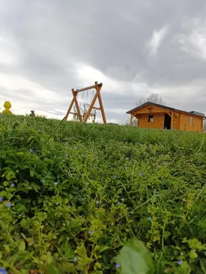 a field of grass with a house in the background at Vikendica Ajlin in Spahići