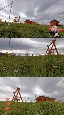 two pictures of a field with a girl and a house at Vikendica Ajlin in Spahići