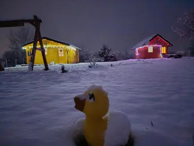 a yellow duck sitting in the snow in front of a building at Vikendica Ajlin in Bihać