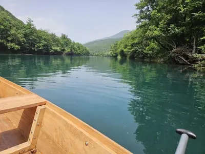 a wooden boat on a river with trees at Dream House Šeha in Bihać