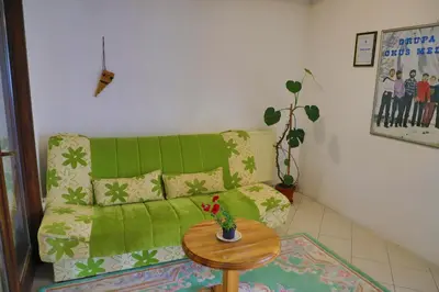 a living room with a green couch and a table at Apartman MIŠKO in Bihać