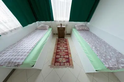 two beds in a room with green curtains and a rug at Apartman MIŠKO in Bihać