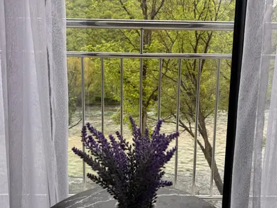 a vase of purple flowers sitting in a window at Villa Happiness in Banja Luka