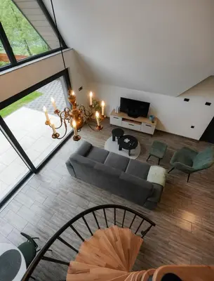 an overhead view of a living room with a couch at Unea House in Bihać