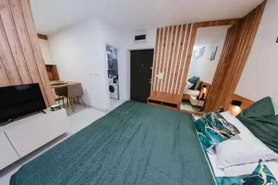 a bedroom with a large bed and a television at Apartment Vukeljic in Doboj