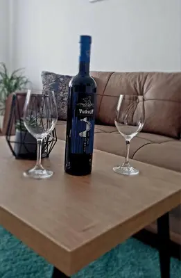 a bottle of wine sitting on a table with two wine glasses at Banjaluka Centar1 in Banja Luka